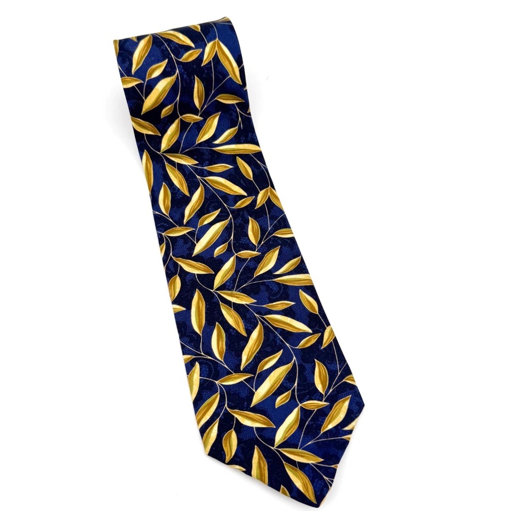 Barney's New York 100% Silk Tie Blue Gold Abstract Leaves Lace Business Luxury